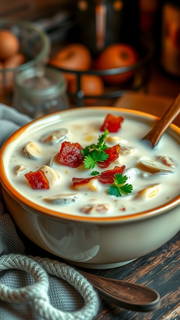 A hearty bowl of clam chowder with clams and bacon, garnished with parsley, in a cozy kitchen.